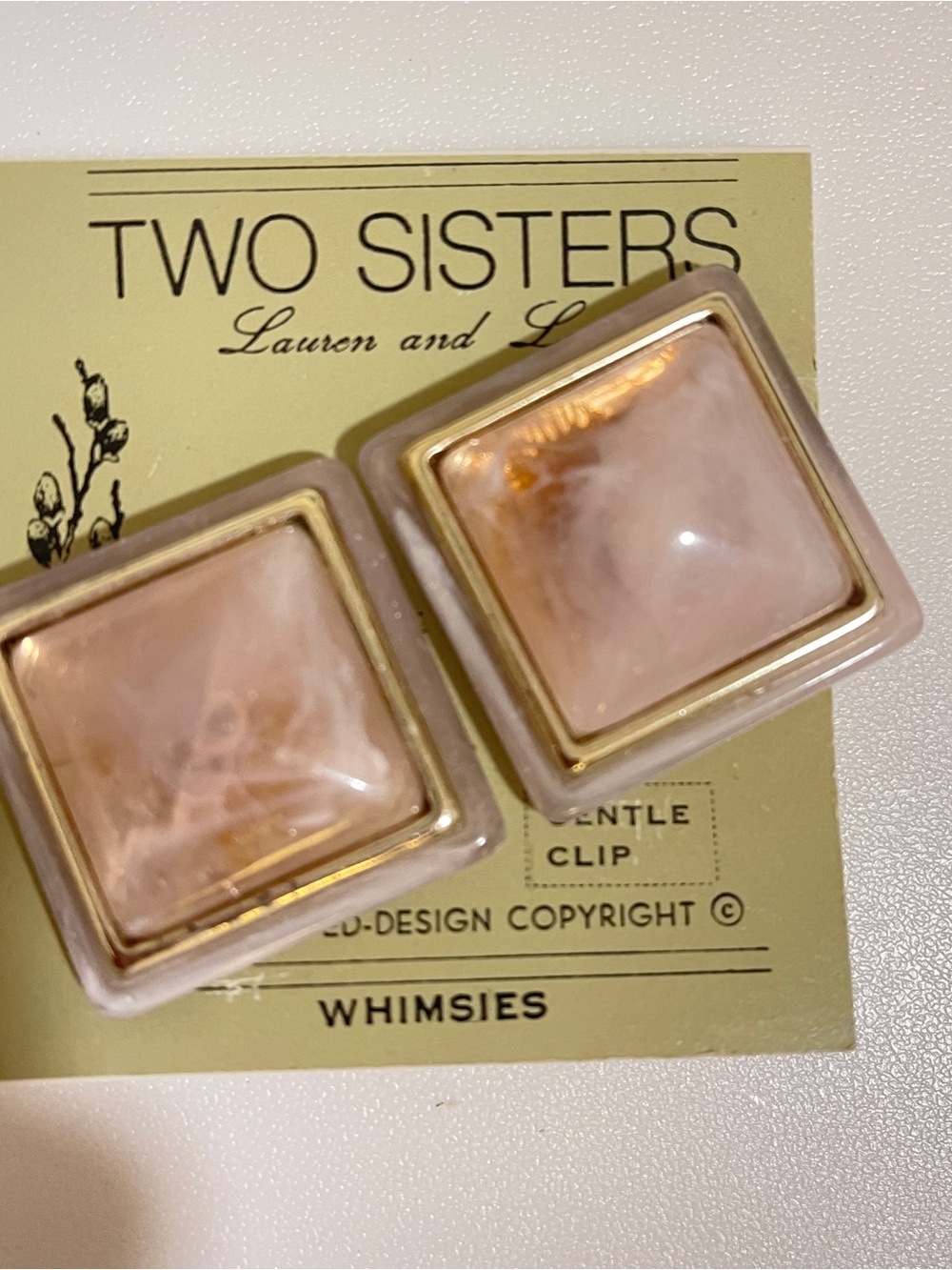 Vintage Tow sisters Pink Square Clip-On Earrings - Gold Trim